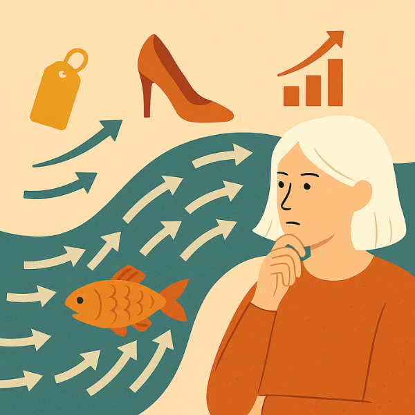 Fisch schwimmt gegen den Strom, Oben Trendsymbole wie Schuhe, Label und Pfeile, seitlich rechts eine nachdenkliche, weißhaarige Frau