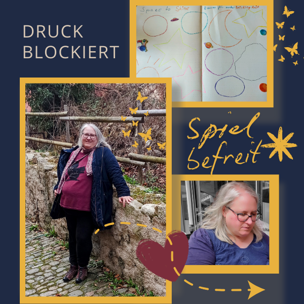Collage mit Fotos, Bullet Journal und dem Schriftzug: Druck blockiert – Spiel befreit. Persönliche Geschichte über Abnehmen, Motivation und ein kreatives Weltraumspiel im Bullet Journal.