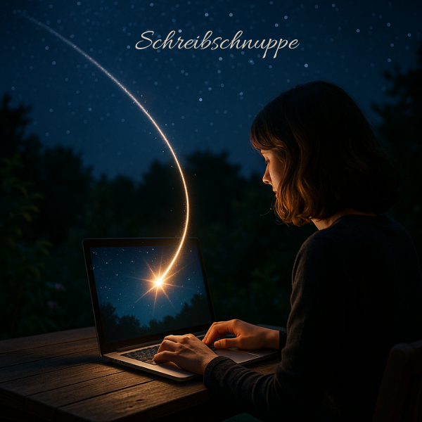 Sternschnuppe fällt vom Himmel in den Laptop, vor dem eine Frau sitzt und tippt Text oben: Schreibschnuppe