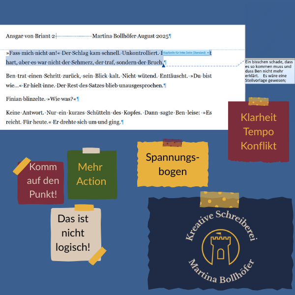 „Screenshot einer Manuskriptseite in LibreOffice mit handschriftlichen Notizzetteln wie ‚Mehr Action‘ und ‚Komm auf den Punkt!‘ – Beispiel für den Korrekturprozess eines Romans.“